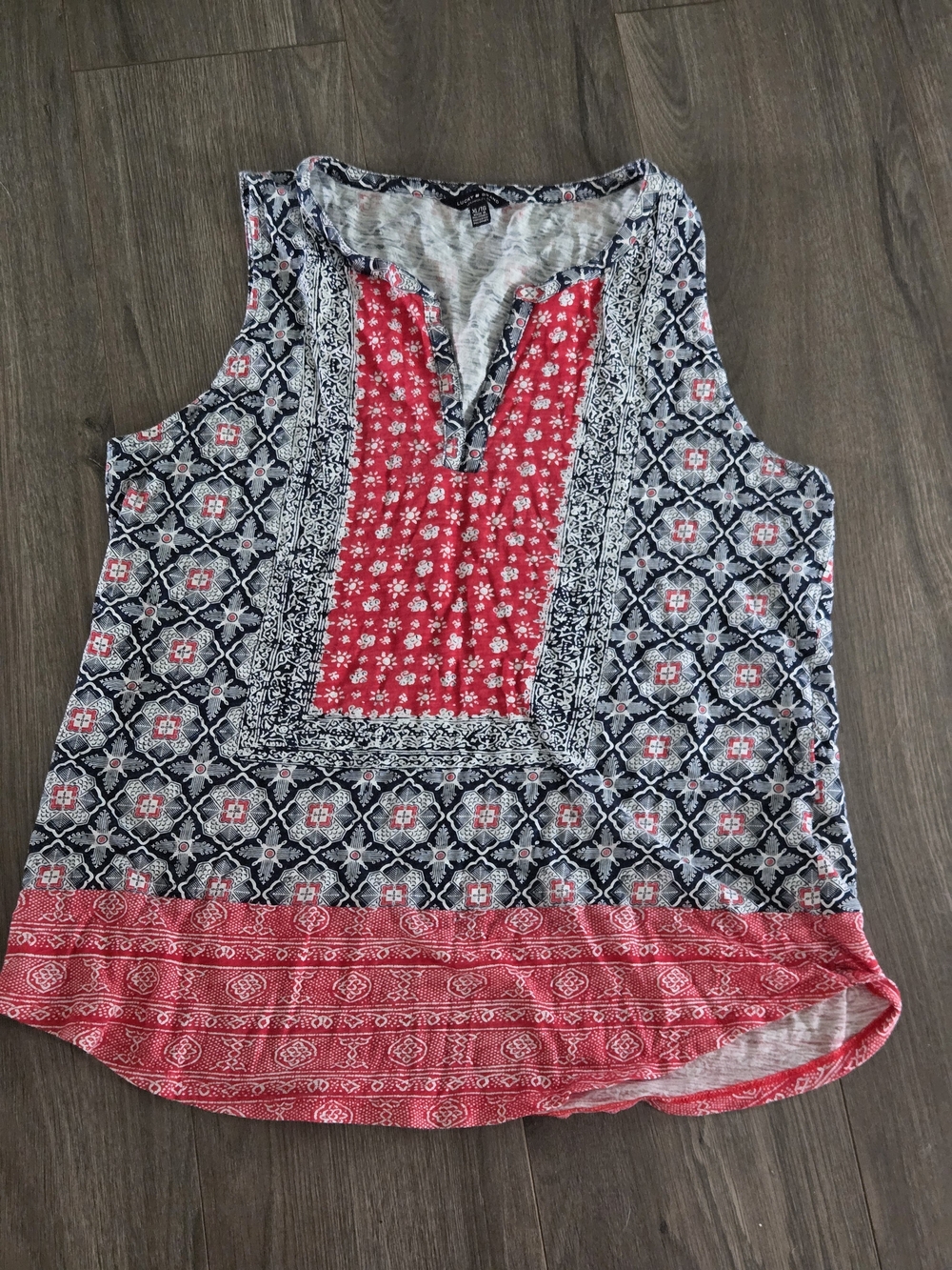Lucky Brand Tank Top Blouse XL Large Boho Geometric Print Blue Red V-Neck